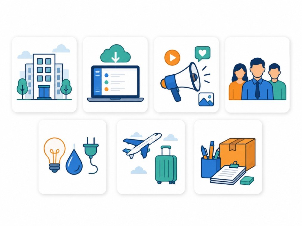 Common business expense categories including rent, software, advertising, salaries, and utilities